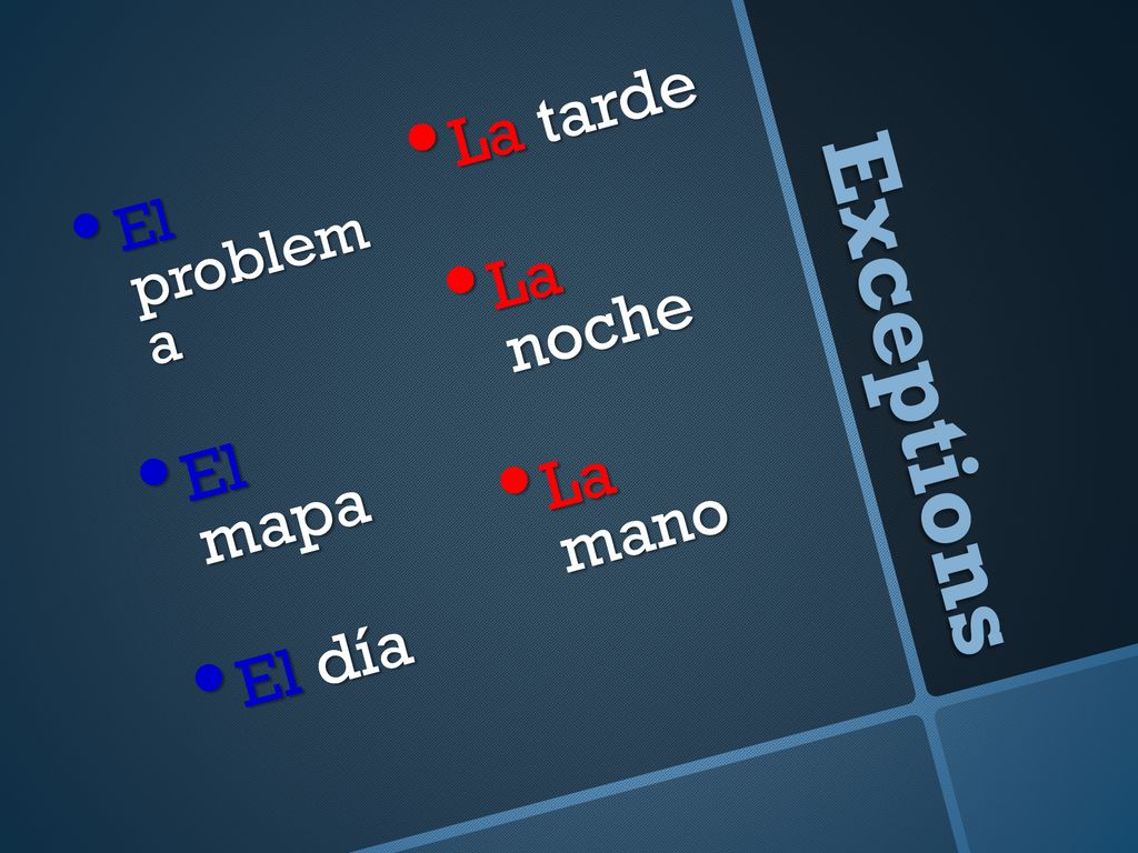 La tarde La noche La mano El problem a El mapa El día Exceptions