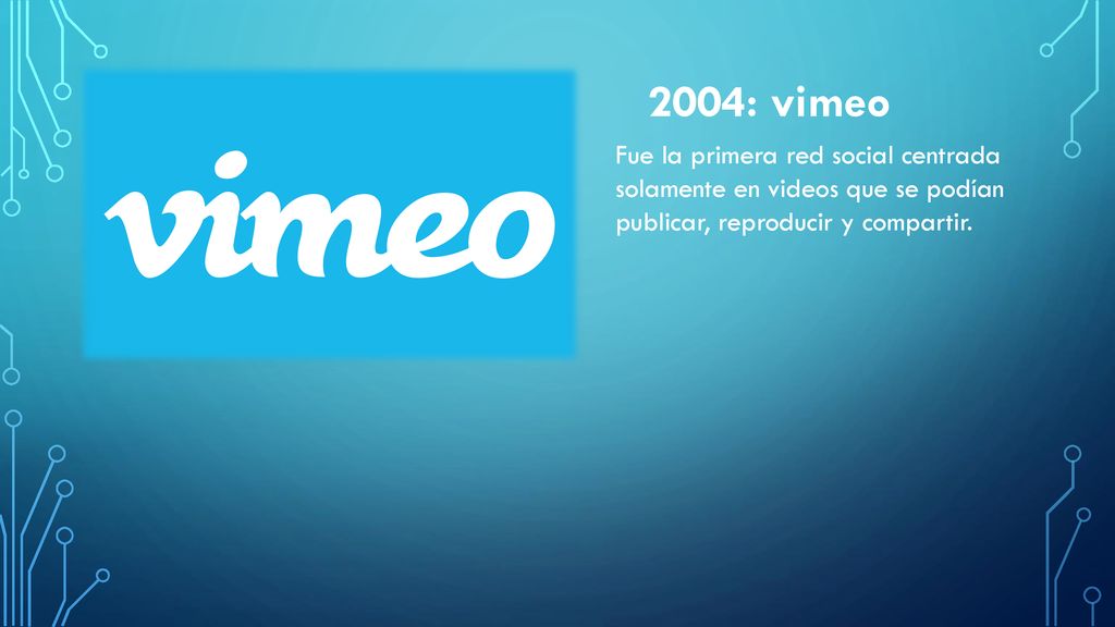 2004: vimeo Fue la primera red social centrada solamente en videos que se podían publicar, reproducir y compartir.