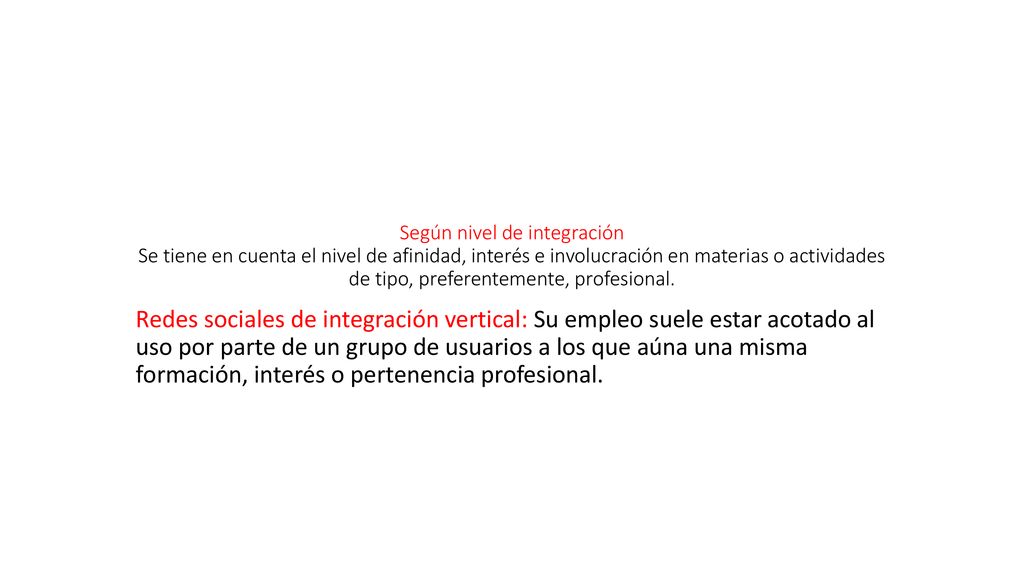Según nivel de integración Se tiene en cuenta el nivel de afinidad, interés e involucración en materias o actividades de tipo, preferentemente, profesional.
