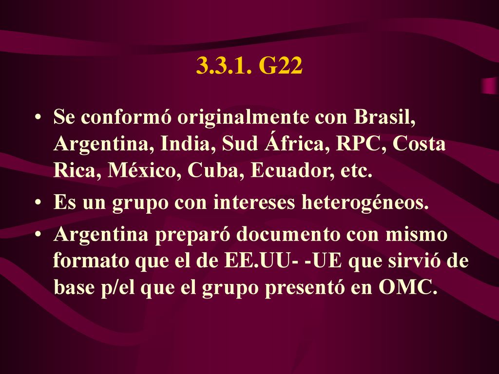 G22 Se conformó originalmente con Brasil, Argentina, India, Sud África, RPC, Costa Rica, México, Cuba, Ecuador, etc.