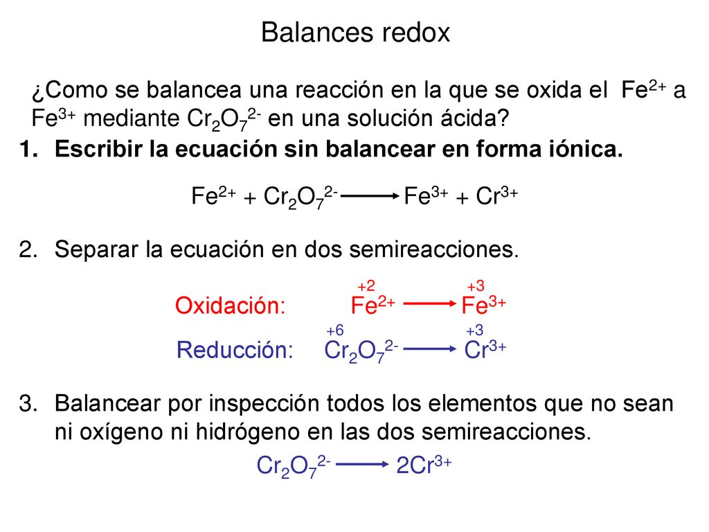 Balances redox ¿Como se balancea una reacción en la que se oxida el Fe2+ a Fe3+ mediante Cr2O72- en una solución ácida