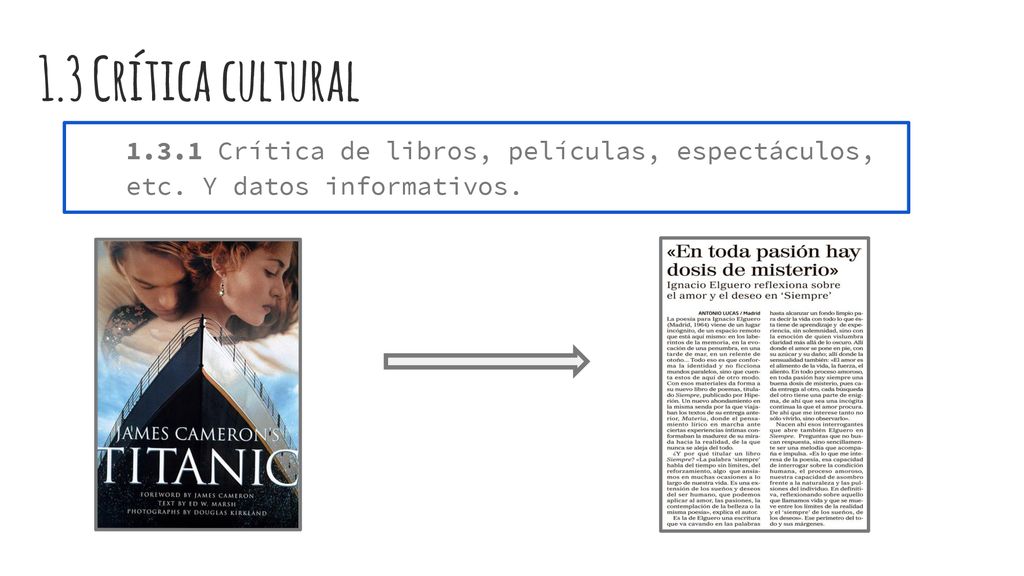 1.3 Crítica cultural Crítica de libros, películas, espectáculos, etc. Y datos informativos.