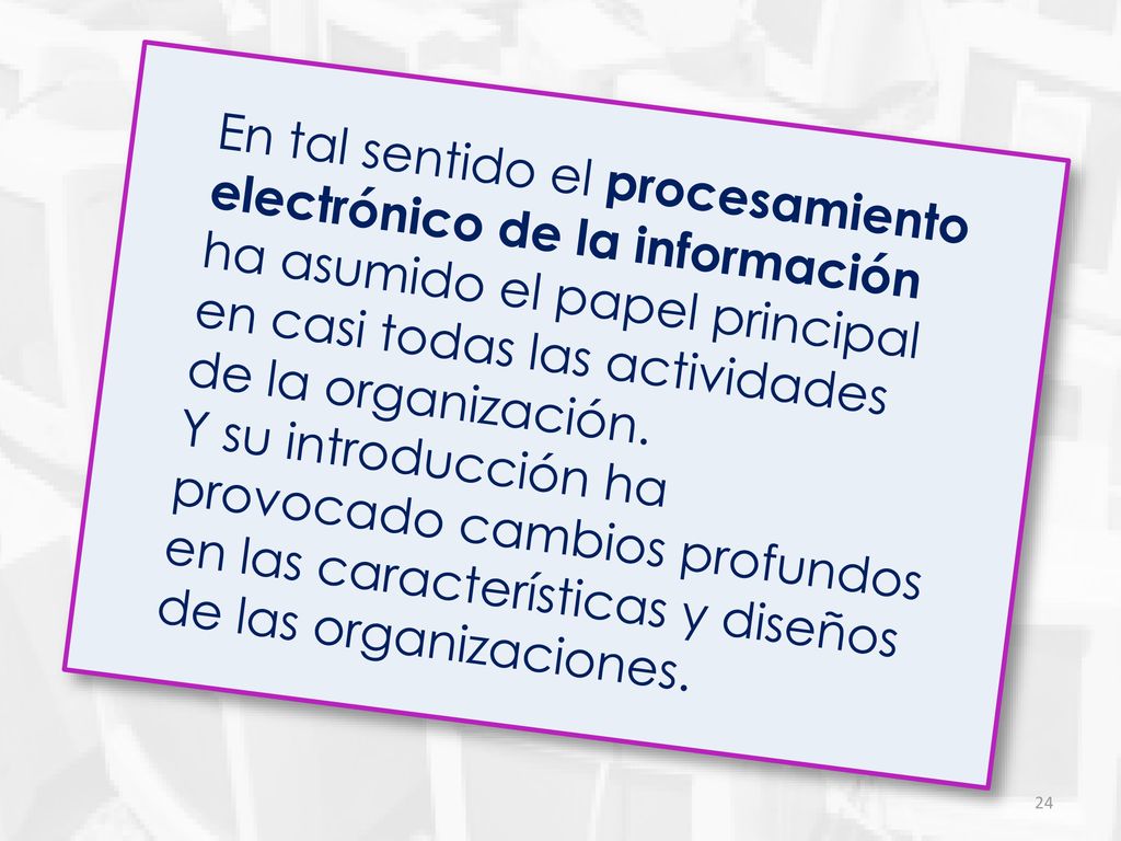 En tal sentido el procesamiento electrónico de la información ha asumido el papel principal en casi todas las actividades de la organización.