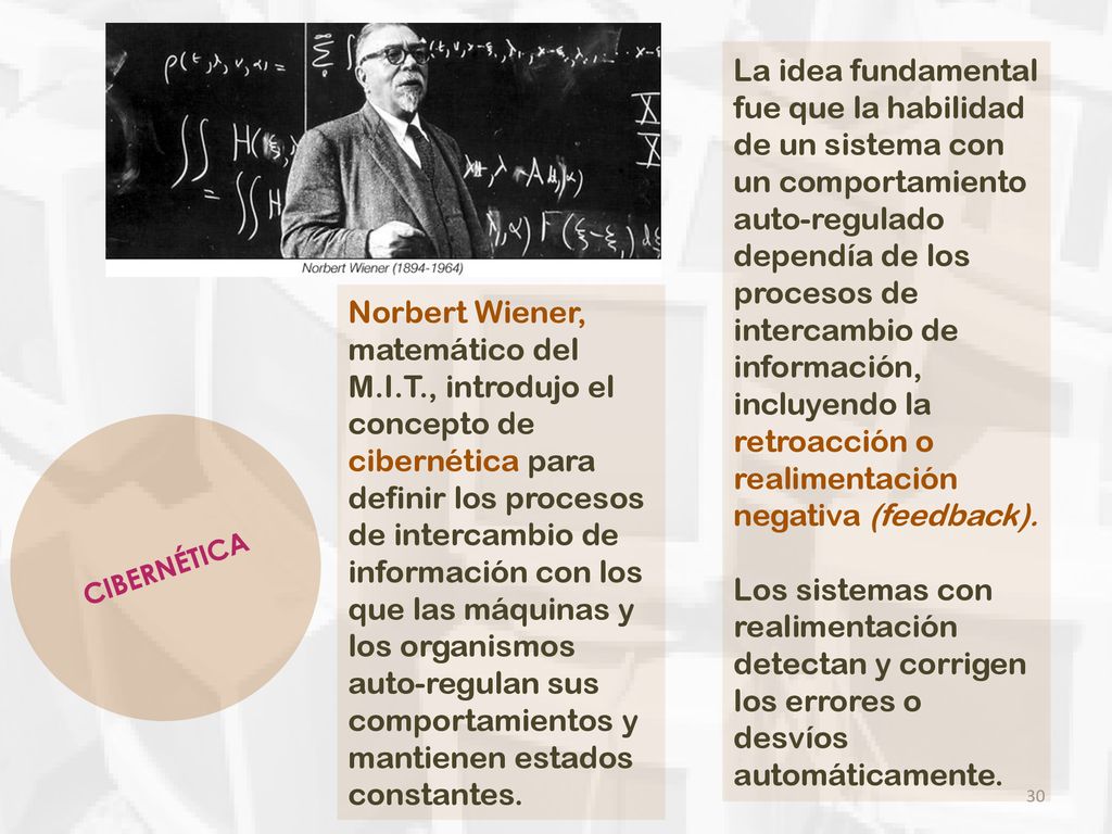 La idea fundamental fue que la habilidad de un sistema con un comportamiento auto-regulado dependía de los procesos de intercambio de información, incluyendo la retroacción o realimentación negativa (feedback).