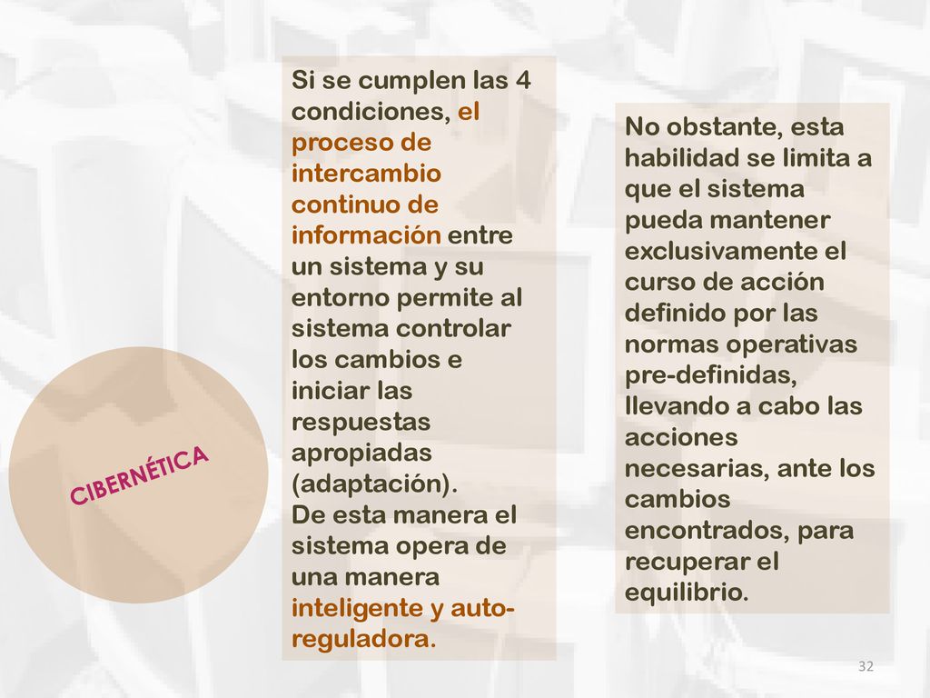 Si se cumplen las 4 condiciones, el proceso de intercambio continuo de información entre un sistema y su entorno permite al sistema controlar los cambios e iniciar las respuestas apropiadas (adaptación).
