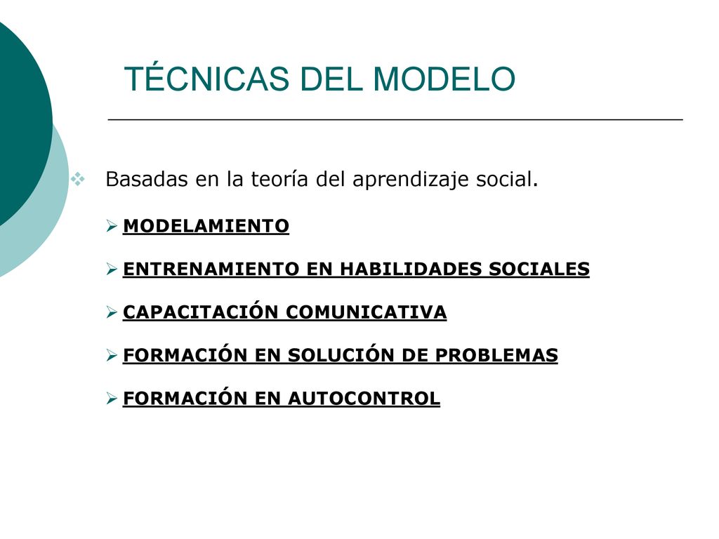 TÉCNICAS DEL MODELO Basadas en la teoría del aprendizaje social.