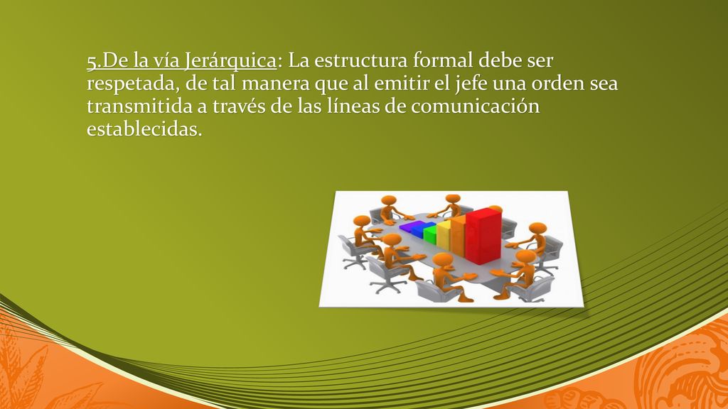 5.De la vía Jerárquica: La estructura formal debe ser respetada, de tal manera que al emitir el jefe una orden sea transmitida a través de las líneas de comunicación establecidas.