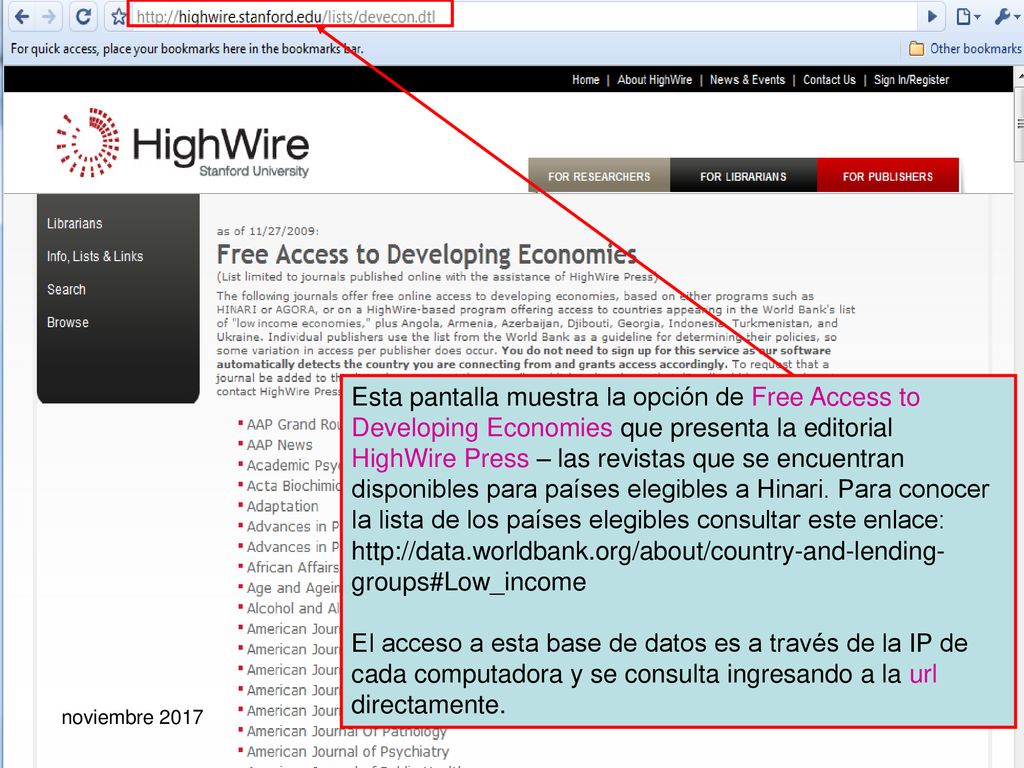 Esta pantalla muestra la opción de Free Access to Developing Economies que presenta la editorial HighWire Press – las revistas que se encuentran disponibles para países elegibles a Hinari. Para conocer la lista de los países elegibles consultar este enlace: