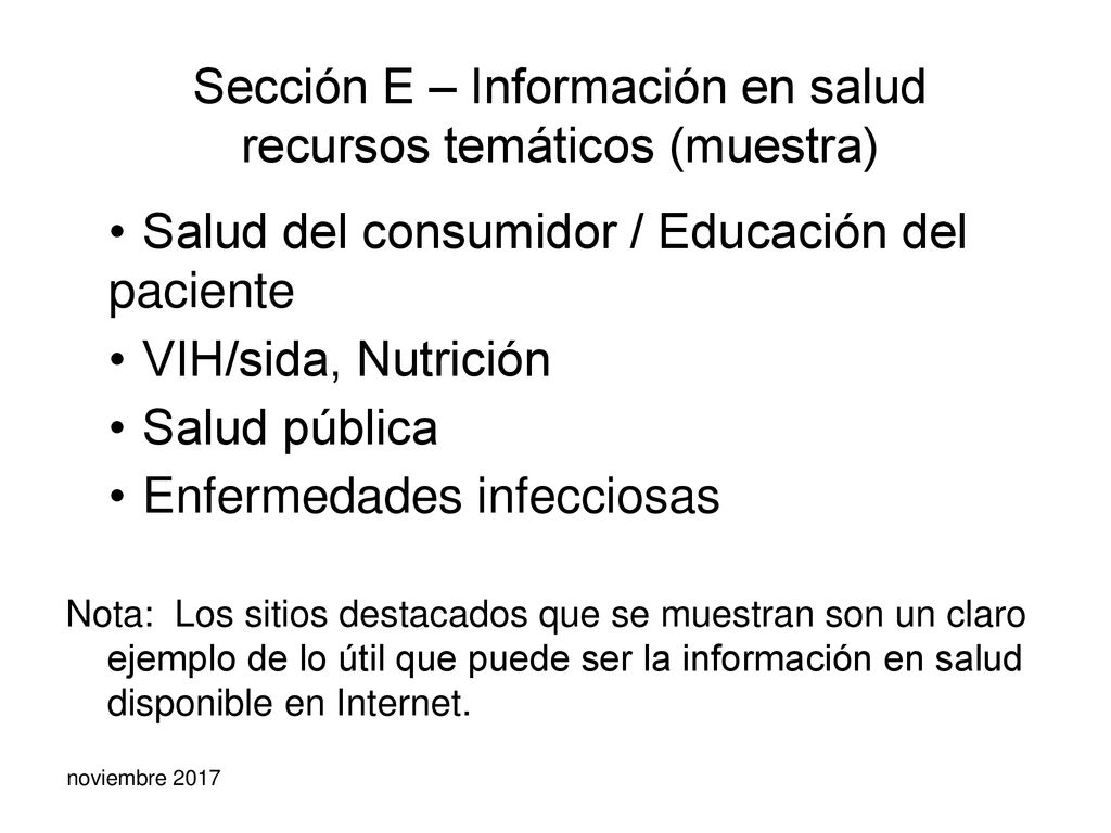 Sección E – Información en salud recursos temáticos (muestra)