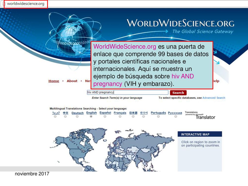 WorldWideScience.org es una puerta de enlace que comprende 99 bases de datos y portales científicas nacionales e internacionales. Aquí se muestra un ejemplo de búsqueda sobre hiv AND pregnancy (VIH y embarazo).