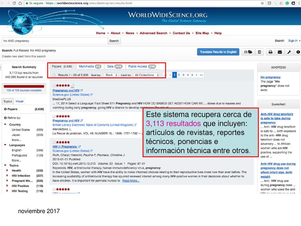 Este sistema recupera cerca de 3,113 resultados que incluyen: artículos de revistas, reportes técnicos, ponencias e información técnica entre otros.