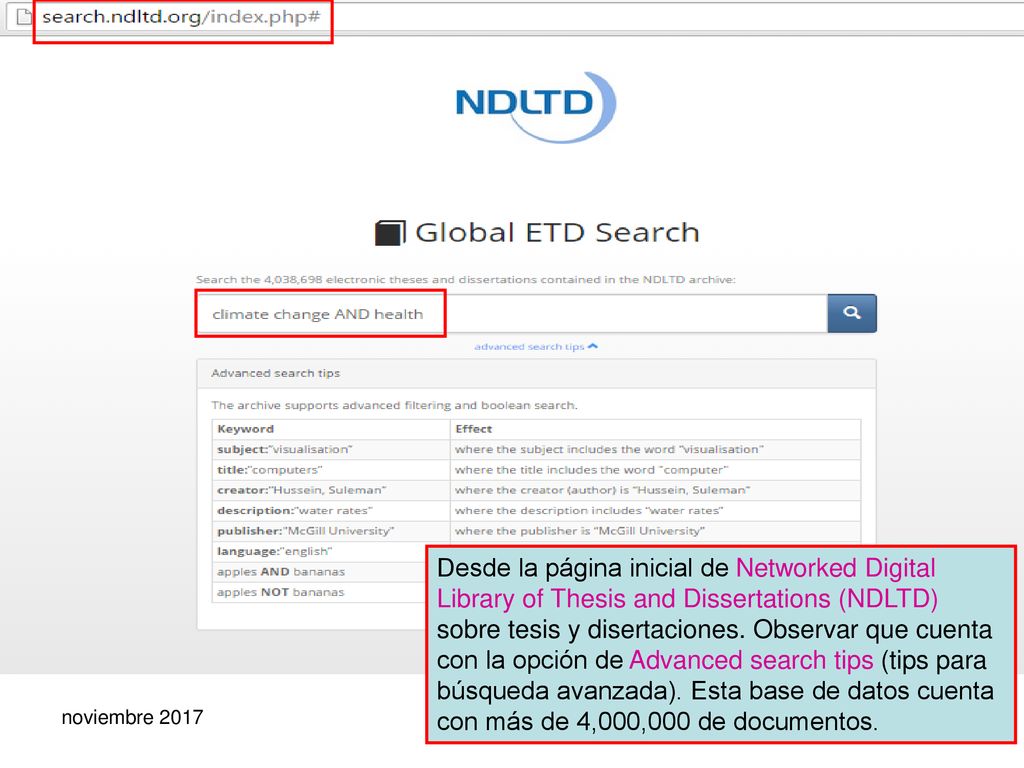 Desde la página inicial de Networked Digital Library of Thesis and Dissertations (NDLTD) sobre tesis y disertaciones. Observar que cuenta con la opción de Advanced search tips (tips para búsqueda avanzada). Esta base de datos cuenta con más de 4,000,000 de documentos.