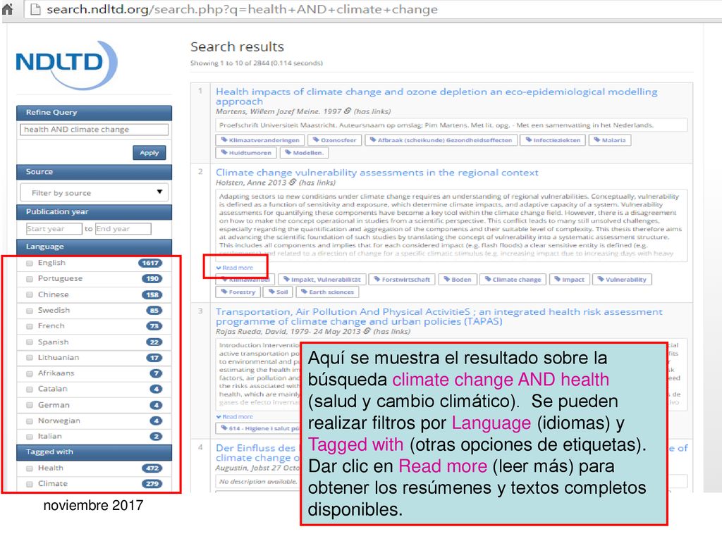 Aquí se muestra el resultado sobre la búsqueda climate change AND health (salud y cambio climático). Se pueden realizar filtros por Language (idiomas) y Tagged with (otras opciones de etiquetas). Dar clic en Read more (leer más) para obtener los resúmenes y textos completos disponibles.