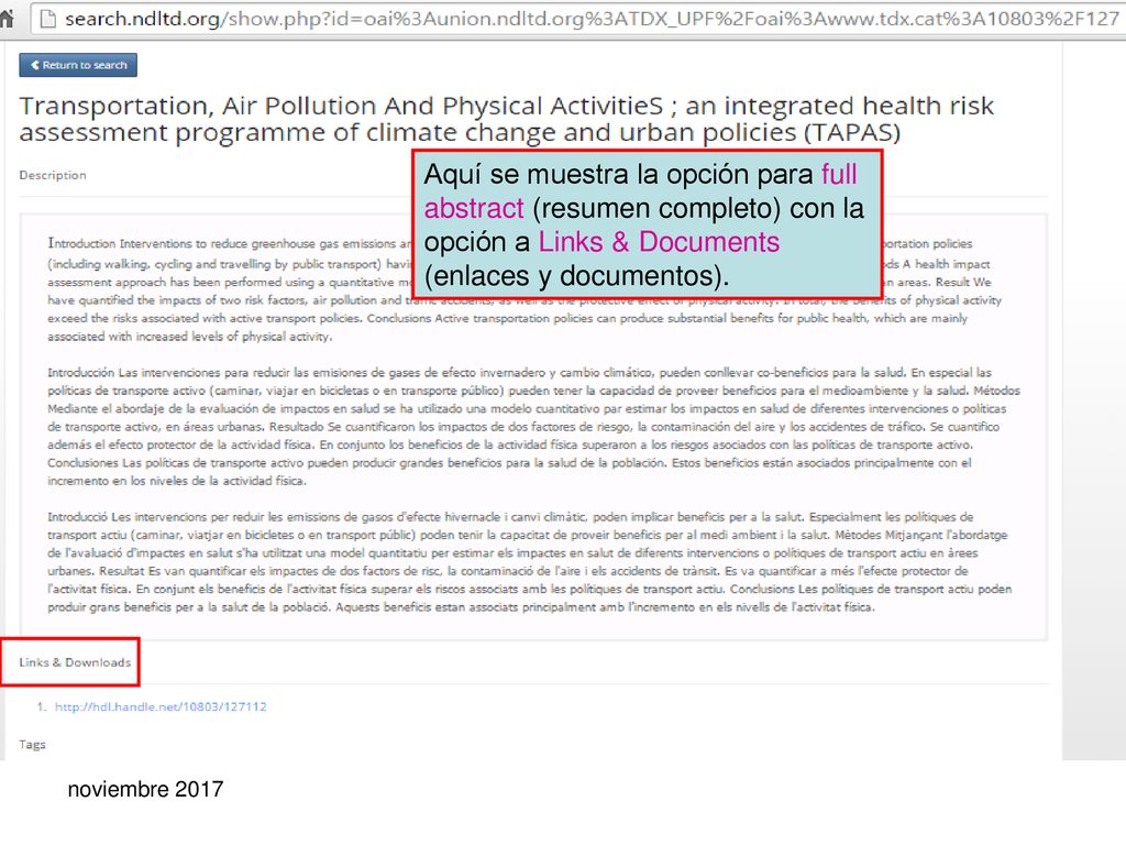 Aquí se muestra la opción para full abstract (resumen completo) con la opción a Links & Documents (enlaces y documentos).