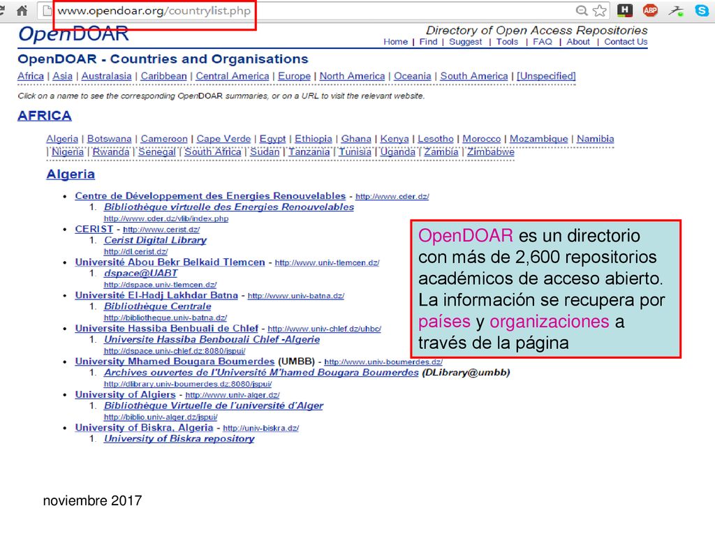 OpenDOAR es un directorio con más de 2,600 repositorios académicos de acceso abierto. La información se recupera por países y organizaciones a través de la página