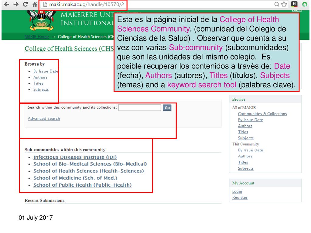 Esta es la página inicial de la College of Health Sciences Community