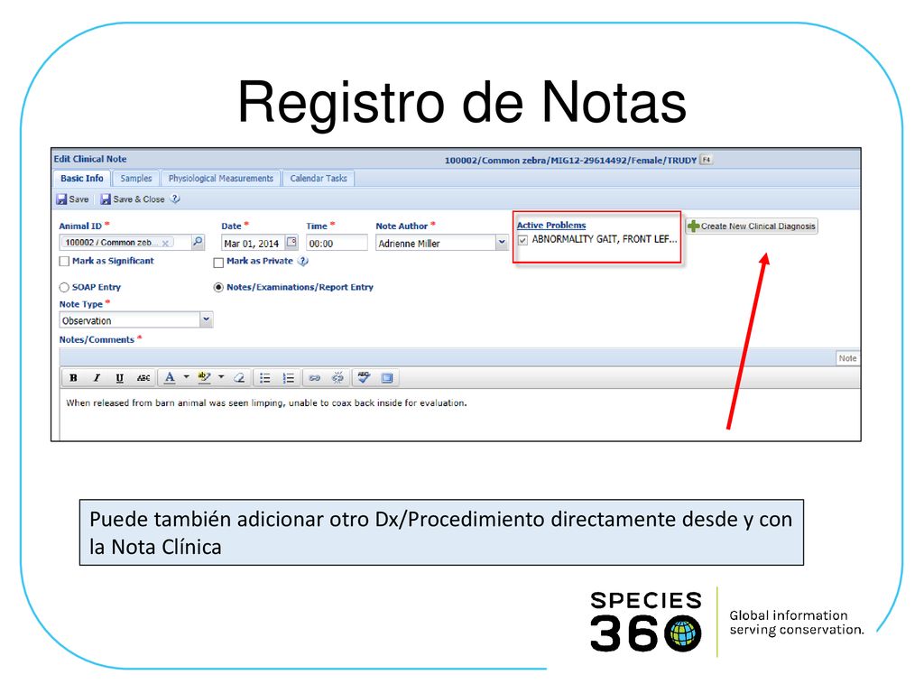 Registro de Notas Puede también adicionar otro Dx/Procedimiento directamente desde y con la Nota Clínica.