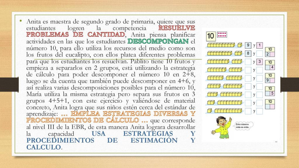 Anita es maestra de segundo grado de primaria, quiere que sus estudiantes logren la competencia RESUELVE PROBLEMAS DE CANTIDAD, Anita piensa planificar actividades en las que los estudiantes DESCOMPONGAN el número 10, para ello utiliza los recursos del medio como son los frutos del eucalipto, con ellos platea diferentes problemas para que los estudiantes los resuelvan.
