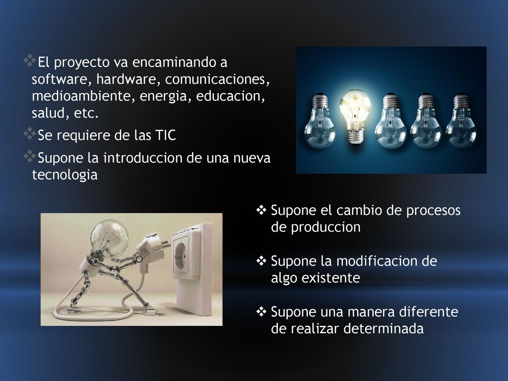 El proyecto va encaminando a software, hardware, comunicaciones, medioambiente, energia, educacion, salud, etc.