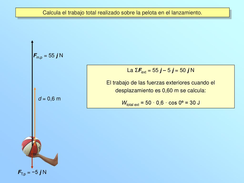 Calcula el trabajo total realizado sobre la pelota en el lanzamiento.