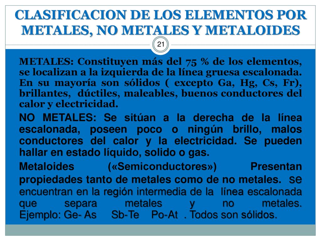 CLASIFICACION DE LOS ELEMENTOS POR METALES, NO METALES Y METALOIDES