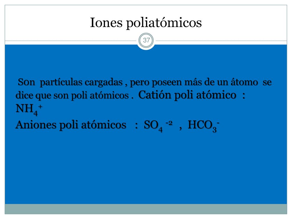 Iones poliatómicos Aniones poli atómicos : SO4 -2 , HCO3-