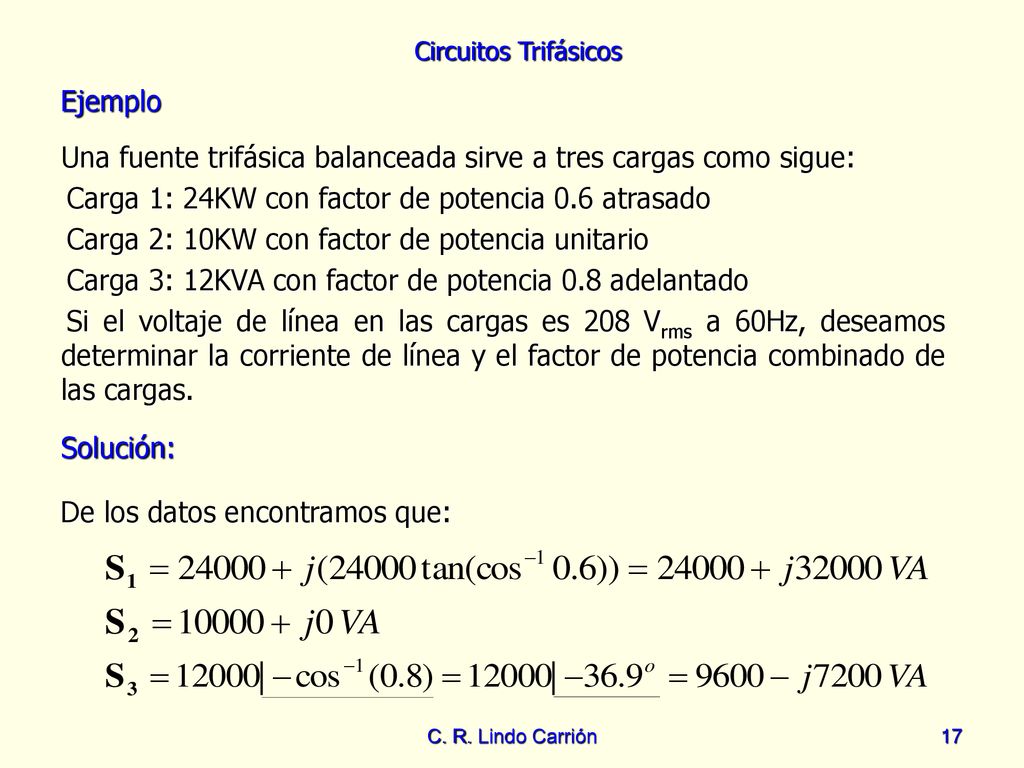 Una fuente trifásica balanceada sirve a tres cargas como sigue:
