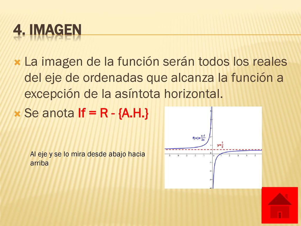 4. Imagen La imagen de la función serán todos los reales del eje de ordenadas que alcanza la función a excepción de la asíntota horizontal.
