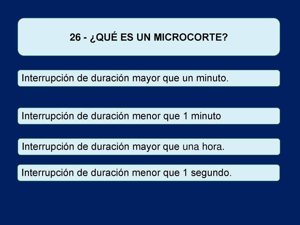 26 - ¿QUÉ ES UN MICROCORTE Interrupción de duración mayor que un minuto. Interrupción de duración menor que 1 minuto.