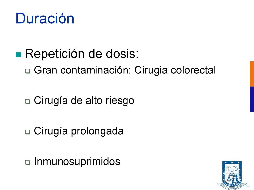 Duración Repetición de dosis: Gran contaminación: Cirugia colorectal