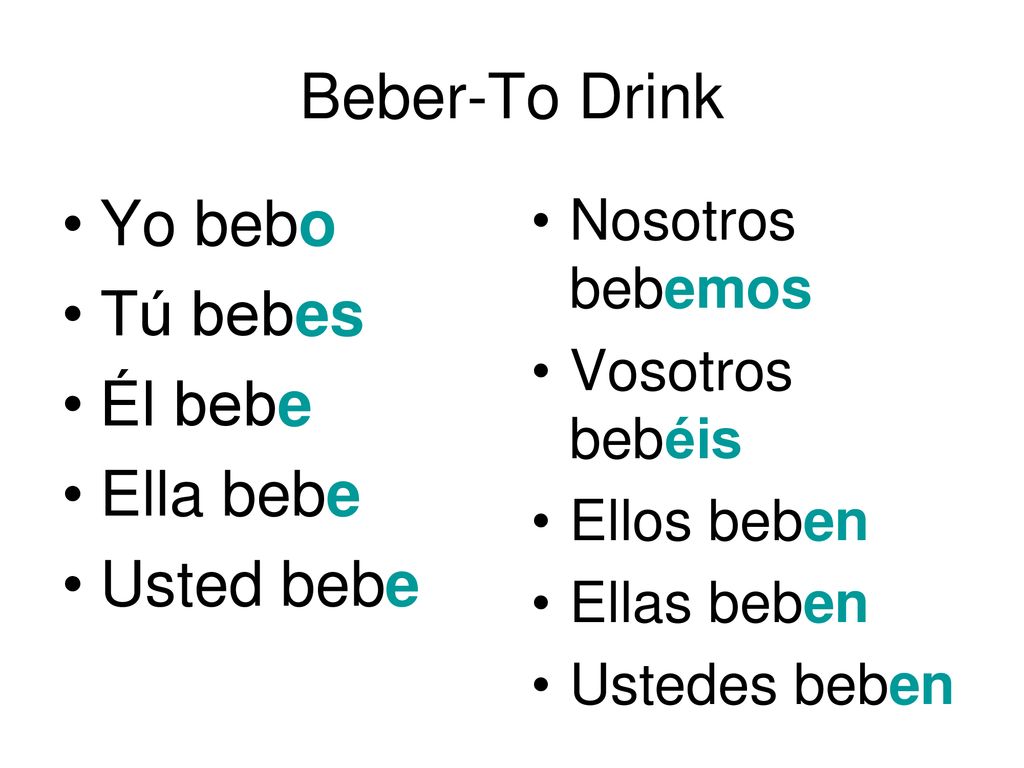 Beber-To Drink Yo bebo Tú bebes Él bebe Ella bebe Usted bebe