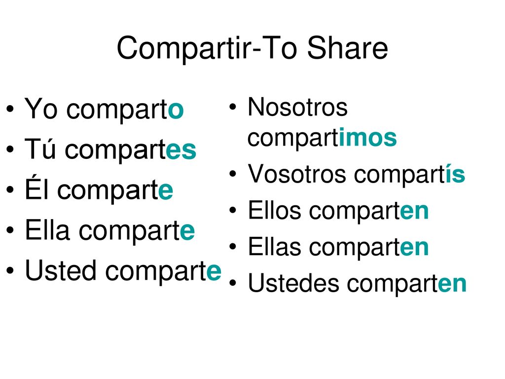 Compartir-To Share Yo comparto Tú compartes Él comparte Ella comparte