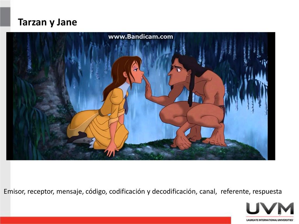 Tarzan y Jane Emisor, receptor, mensaje, código, codificación y decodificación, canal, referente, respuesta.