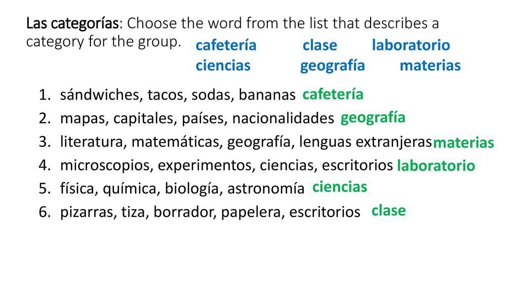 Las categorías: Choose the word from the list that describes a category for the group.