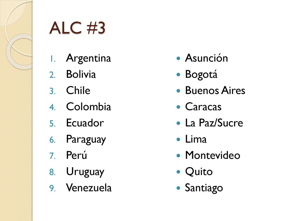 ALC #3 Argentina Bolivia Chile Colombia Ecuador Paraguay Perú Uruguay