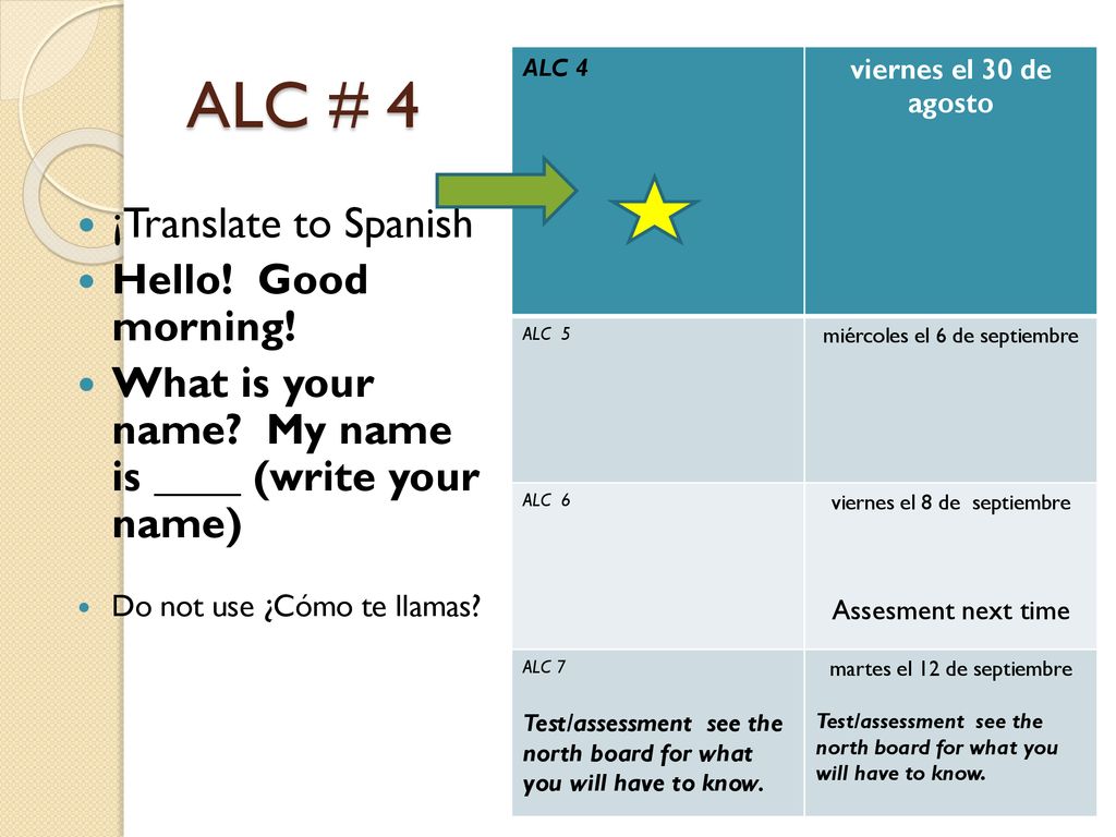 ALC # 4 ¡Translate to Spanish Hello! Good morning!