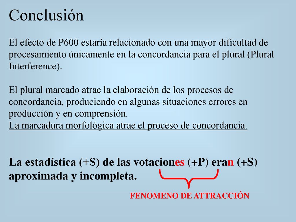Conclusión El efecto de P600 estaría relacionado con una mayor dificultad de procesamiento únicamente en la concordancia para el plural (Plural Interference). El plural marcado atrae la elaboración de los procesos de concordancia, produciendo en algunas situaciones errores en producción y en comprensión. La marcadura morfológica atrae el proceso de concordancia. La estadística (+S) de las votaciones (+P) eran (+S) aproximada y incompleta.