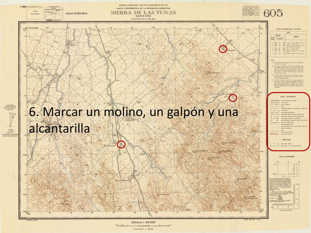 6. Marcar un molino, un galpón y una alcantarilla