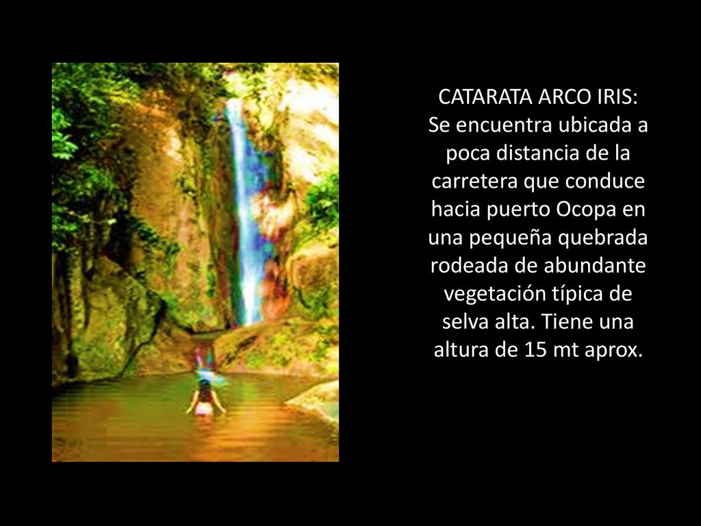 CATARATA ARCO IRIS: Se encuentra ubicada a poca distancia de la carretera que conduce hacia puerto Ocopa en una pequeña quebrada rodeada de abundante vegetación típica de selva alta.