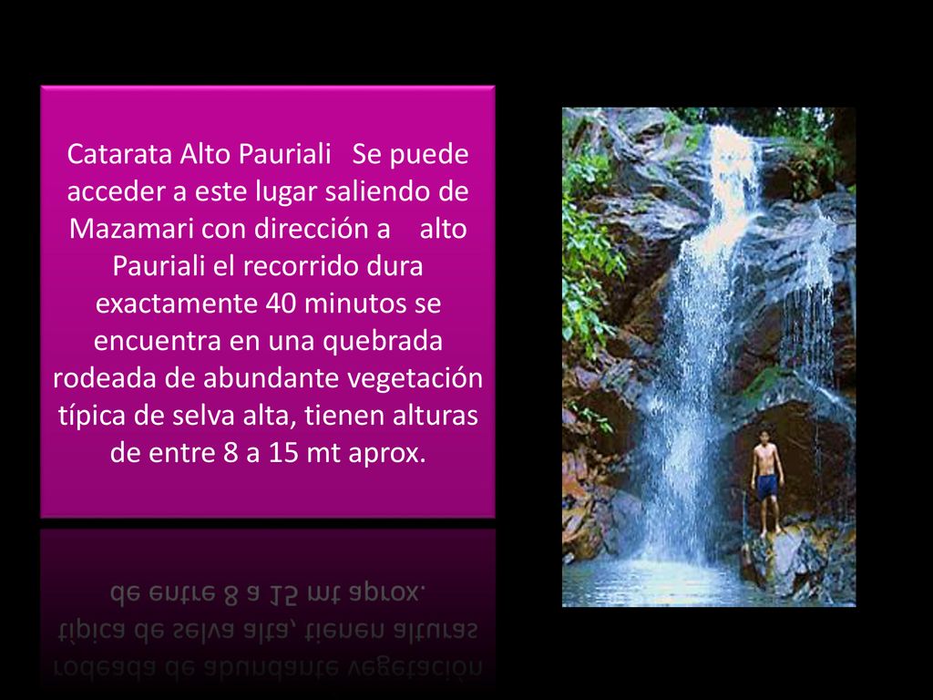 Catarata Alto Pauriali Se puede acceder a este lugar saliendo de Mazamari con dirección a alto Pauriali el recorrido dura exactamente 40 minutos se encuentra en una quebrada rodeada de abundante vegetación típica de selva alta, tienen alturas de entre 8 a 15 mt aprox.
