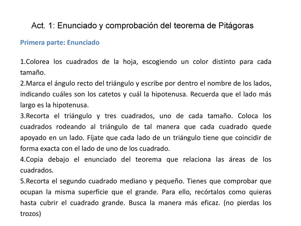 Act. 1: Enunciado y comprobación del teorema de Pitágoras