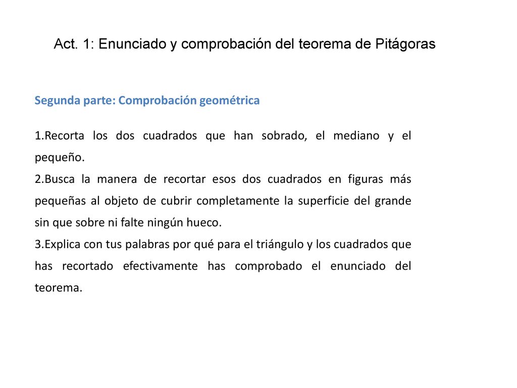Act. 1: Enunciado y comprobación del teorema de Pitágoras