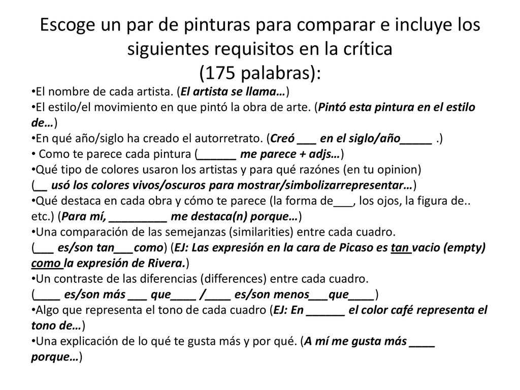 Escoge un par de pinturas para comparar e incluye los siguientes requisitos en la crítica (175 palabras):