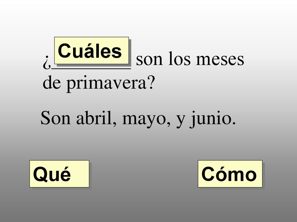 Cuáles ¿________ son los meses de primavera Son abril, mayo, y junio. Qué Cómo