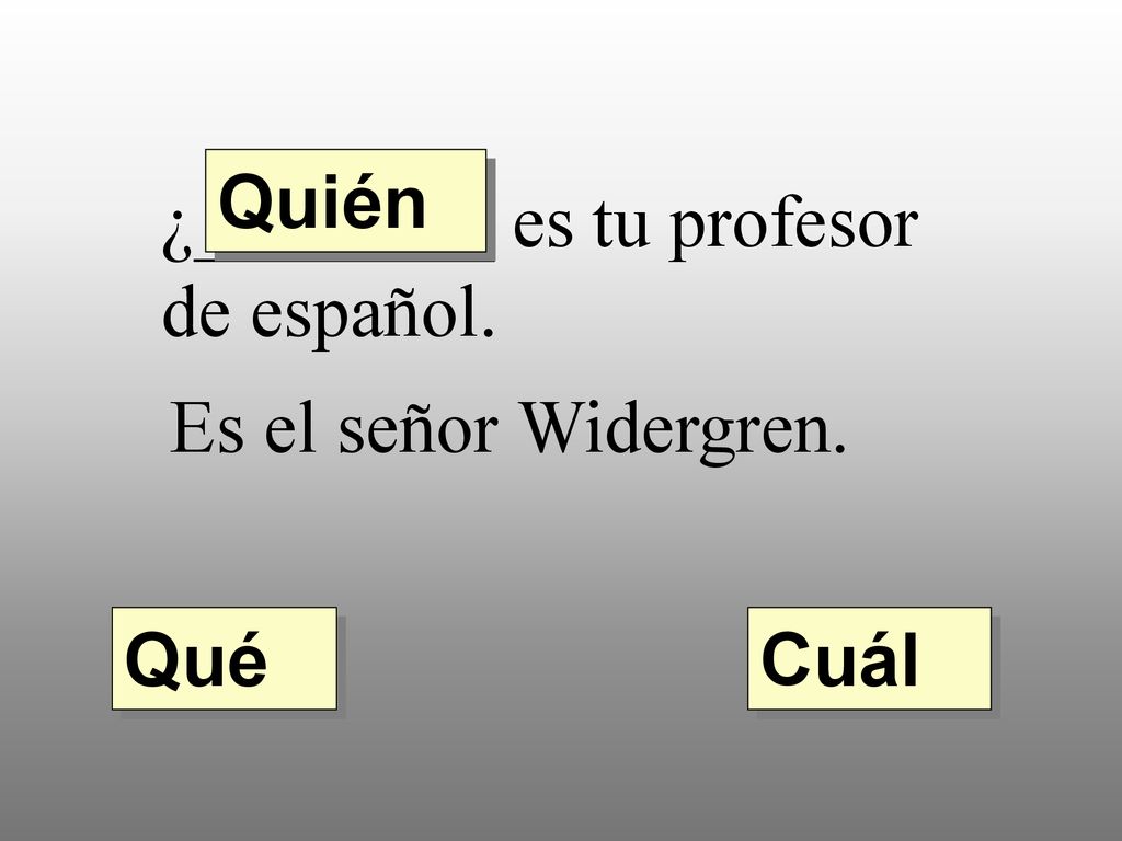 Quién ¿________ es tu profesor de español. Es el señor Widergren. Qué Cuál
