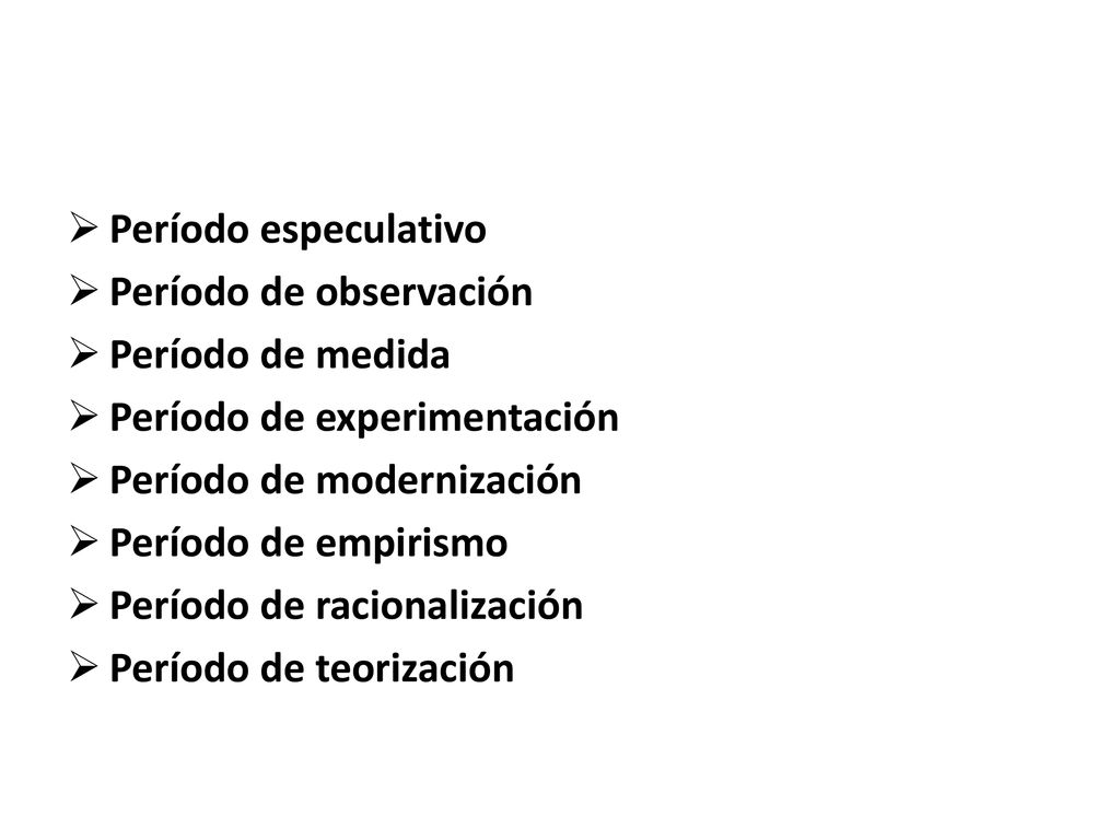 Período especulativo Período de observación. Período de medida. Período de experimentación. Período de modernización.