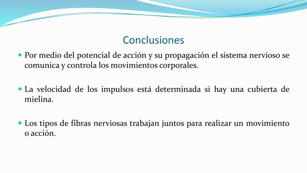Conclusiones Por medio del potencial de acción y su propagación el sistema nervioso se comunica y controla los movimientos corporales.