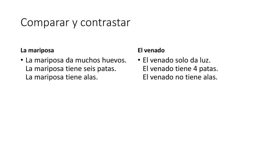 Comparar y contrastar La mariposa. El venado. La mariposa da muchos huevos. La mariposa tiene seis patas. La mariposa tiene alas.