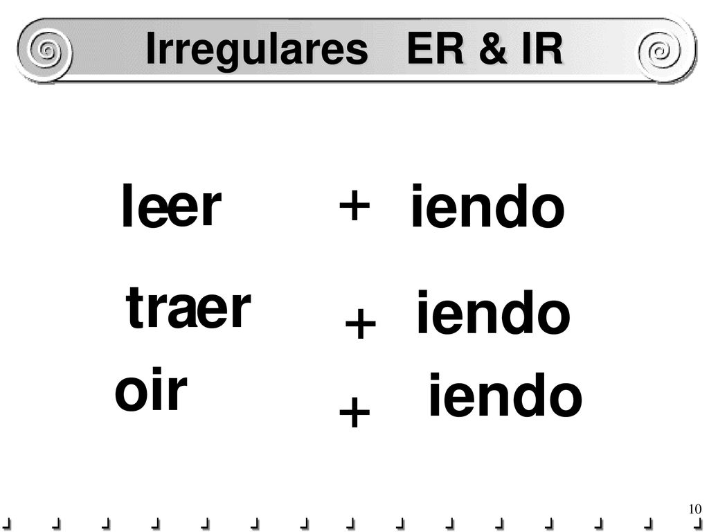 Irregulares ER & IR er + l e ndo ie tr a er ie ndo + o ir ndo ie +