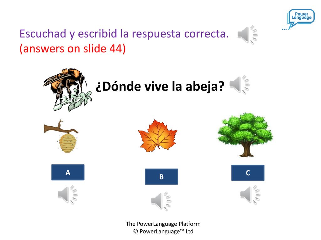 Escuchad y escribid la respuesta correcta. (answers on slide 44)